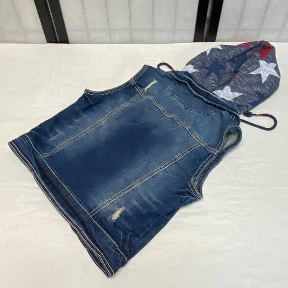 Wallflower Hooded Distressed Denim Buttonup Vest S Medium Wash Casual Sleeveless - Picture 9 of 12